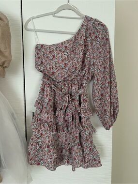 Lush Pink and Green Floral One-Shoulder Mini Dress